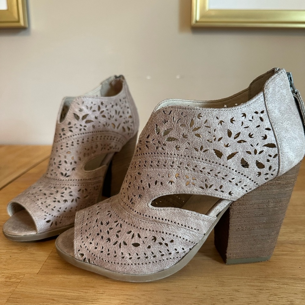 Tan Not Rated Heels with Laser-Cut Design